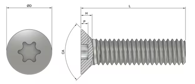 M5 x 20mm CSK Torx Countersunk Screws  (ISO 14581) - Stainless Steel – 304